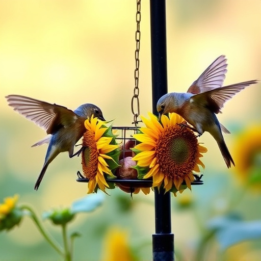 Birds feeding on sunflower hearts outdoors