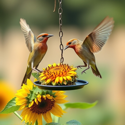 Birds feeding on sunflower hearts outdoors