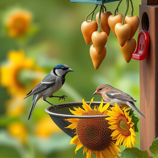 Birds feeding on sunflower hearts outdoors