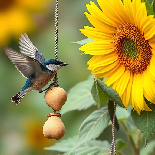 Birds feeding on sunflower hearts outdoors