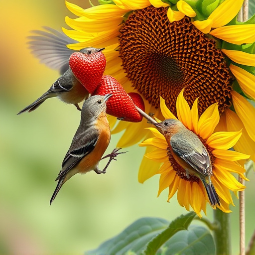 Birds feeding on sunflower hearts outdoors