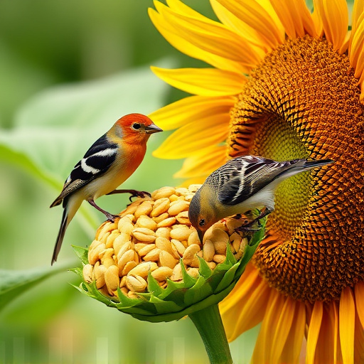 Birds feeding on sunflower seeds
