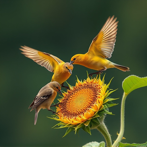 Birds feeding on sunflower seeds