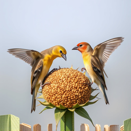 Birds feeding on sunflower seeds