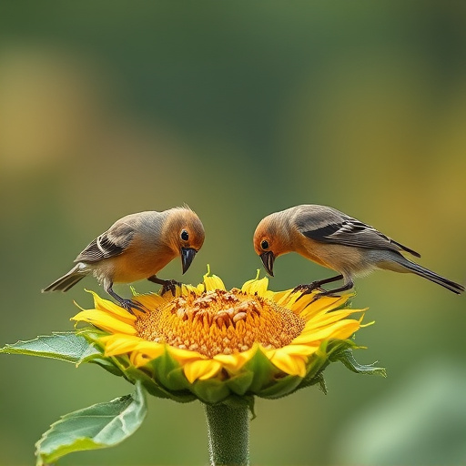 Birds feeding on sunflower seeds