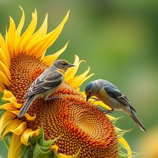 Birds feeding on sunflower seeds