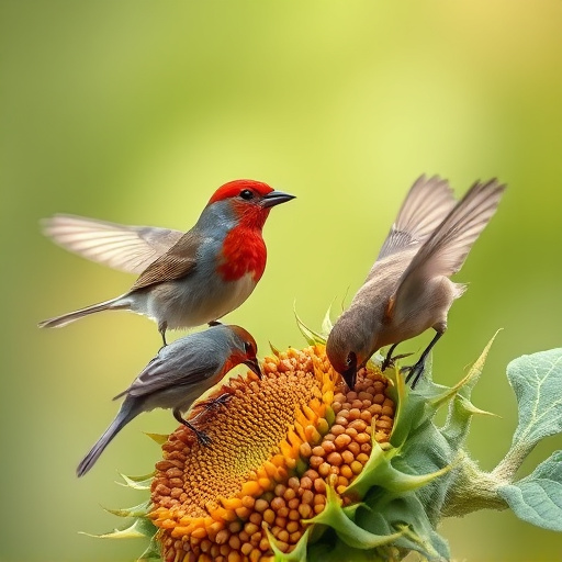 Birds feeding on sunflower seeds