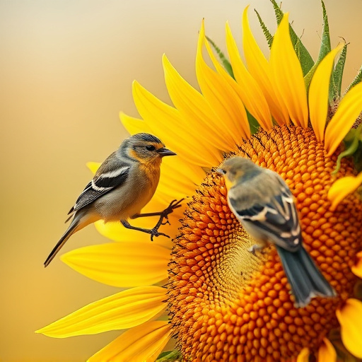 Birds feeding on sunflower seeds
