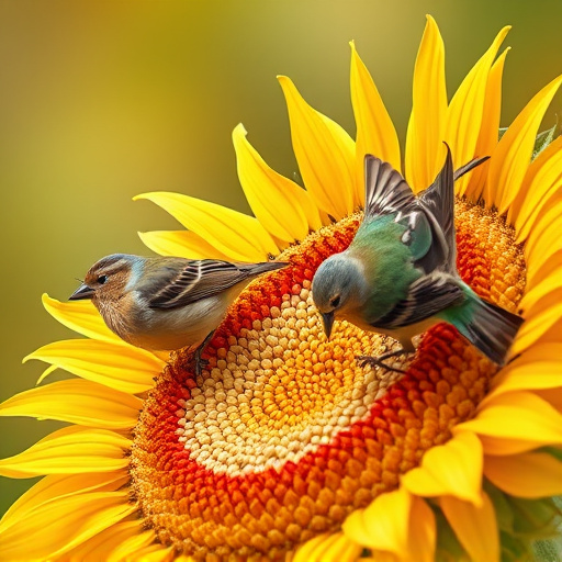 Birds feeding on sunflower seeds