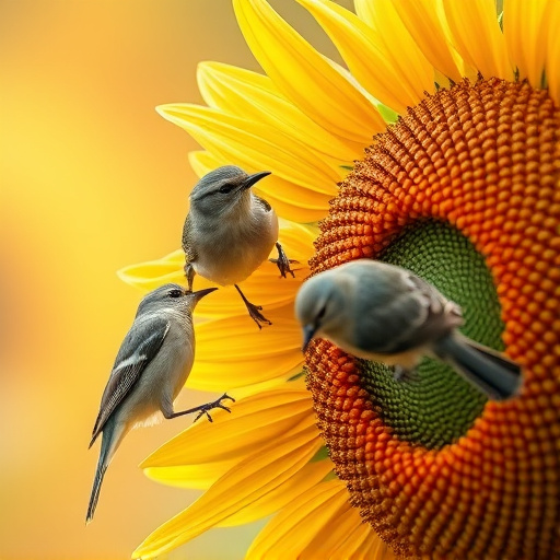 Birds feeding on sunflower seeds