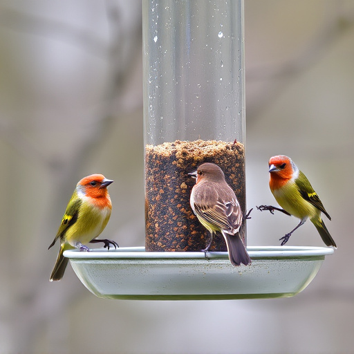 Birds feeding on suspended platform feeder
