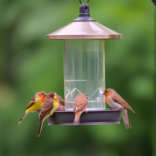 Birds feeding on suspended platform feeder