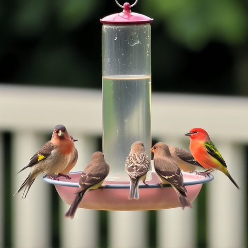 Birds feeding on suspended platform feeder