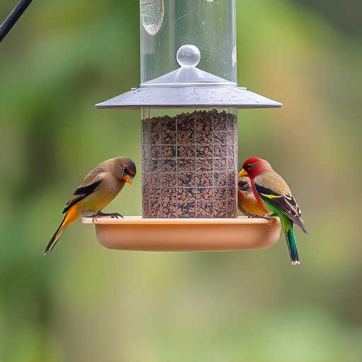 Birds feeding on suspended platform feeder