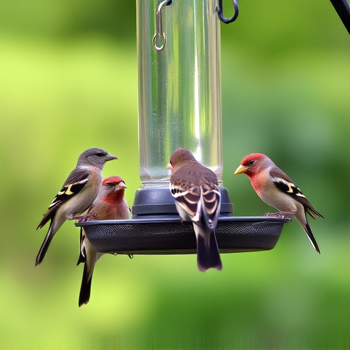 Birds feeding on suspended platform feeder