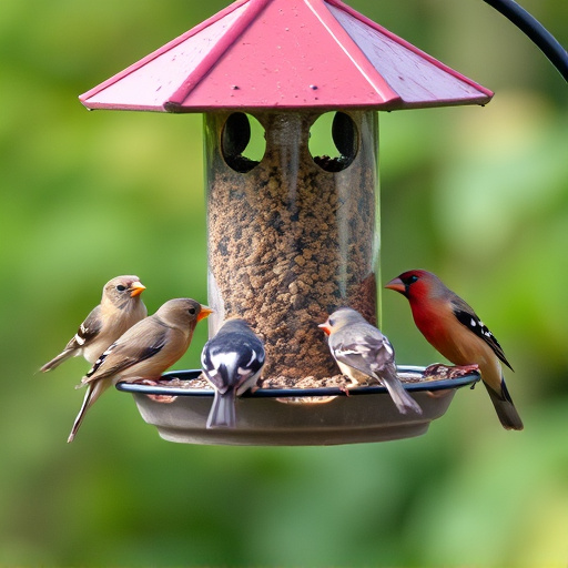 Birds feeding on suspended platform feeder