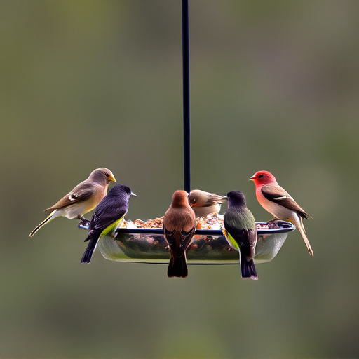 Birds feeding on suspended platform feeder