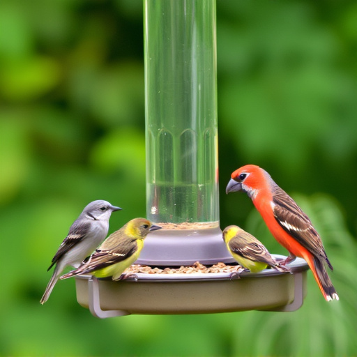 Birds feeding on suspended platform feeder