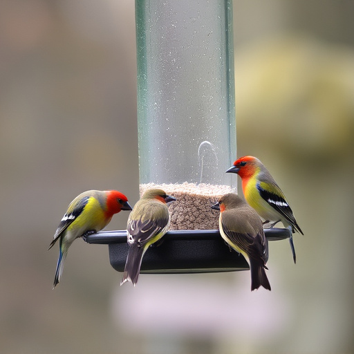Birds feeding on suspended platform feeder