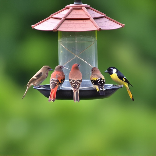 Birds feeding on suspended platform feeder
