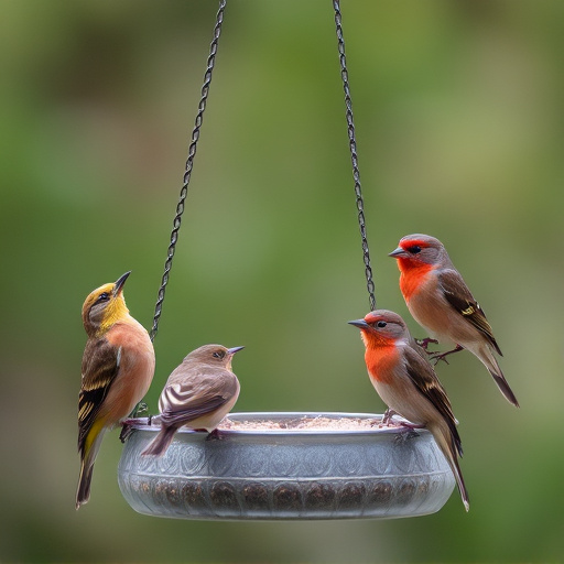Birds feeding on suspended platform feeder