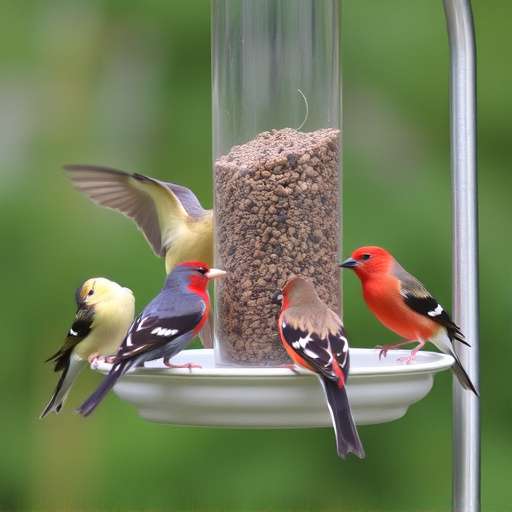 Birds feeding on suspended platform feeder
