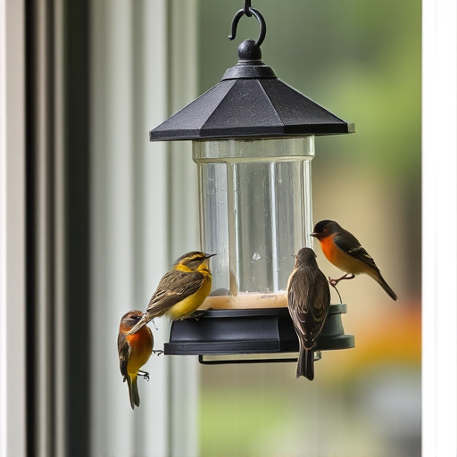 Birds feeding on window bird feeder