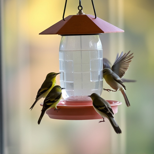 Birds feeding on window bird feeder