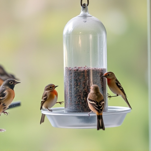 Birds feeding on window bird feeder