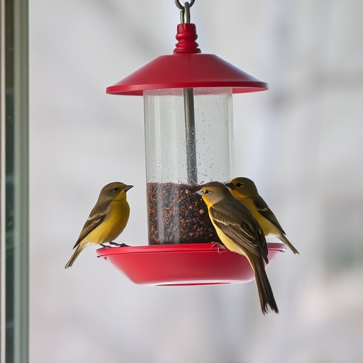 Birds feeding on window bird feeder