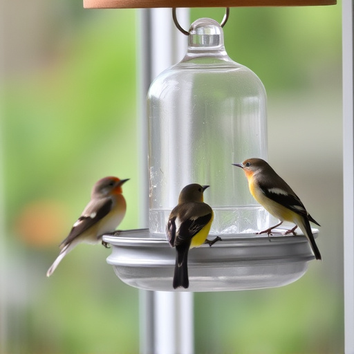 Birds feeding on window bird feeder