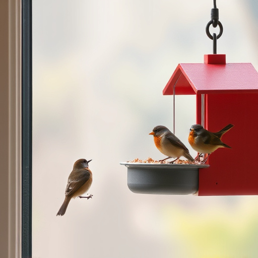 Birds feeding on window bird feeder