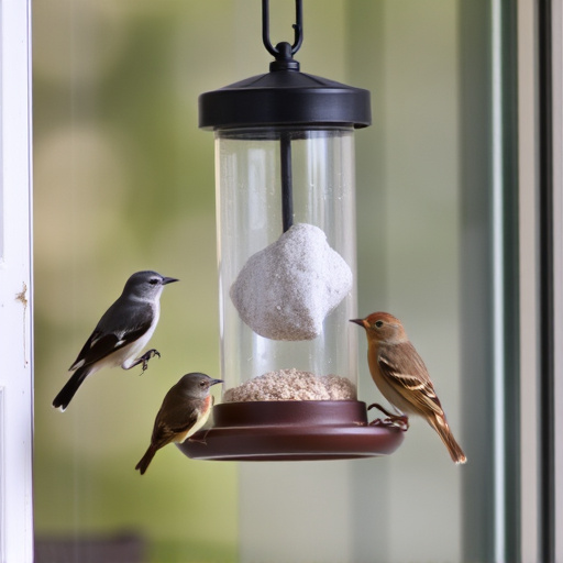 Birds feeding on window bird feeder