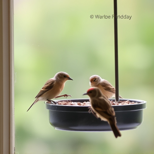 Birds feeding on window bird feeder