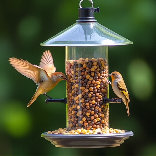 Birds feeding safely from anti-squirrel feeder