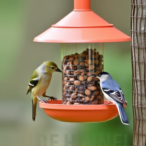 Birds feeding safely from anti-squirrel feeder
