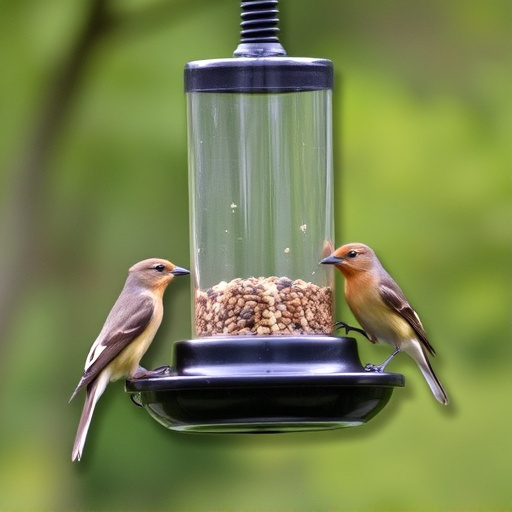 Birds feeding safely from anti-squirrel feeder