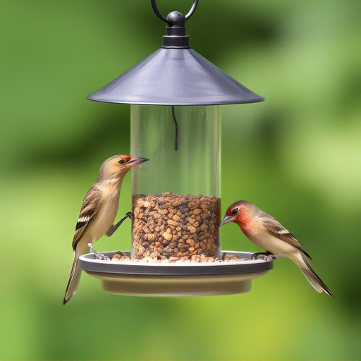 Birds feeding safely from anti-squirrel feeder