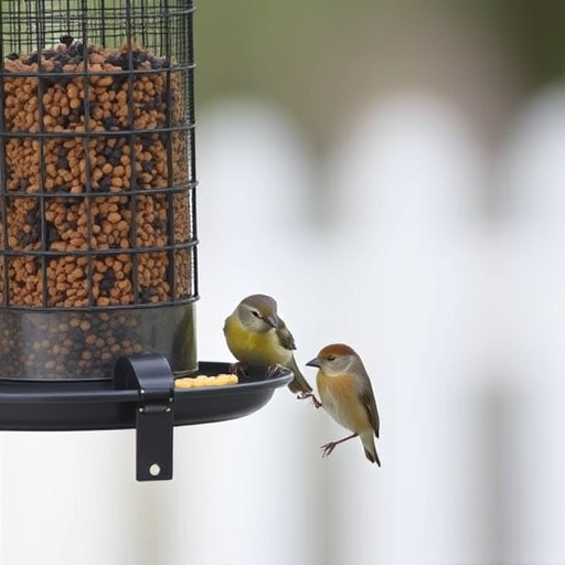 Birds feeding safely from anti-squirrel feeder