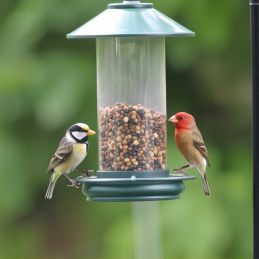 Birds feeding safely from anti-squirrel feeder