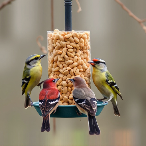 Birds gathered around peanut feeder