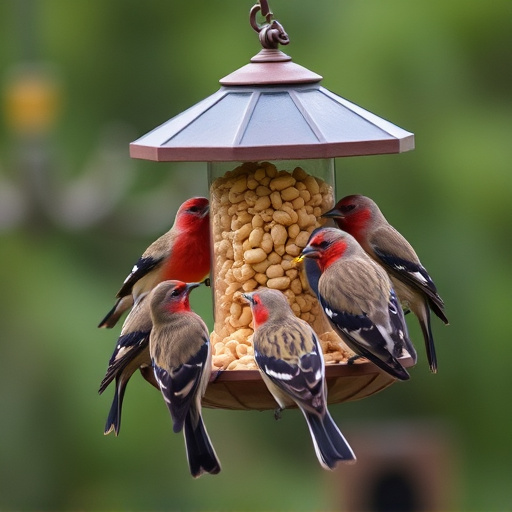 Birds gathered around peanut feeder
