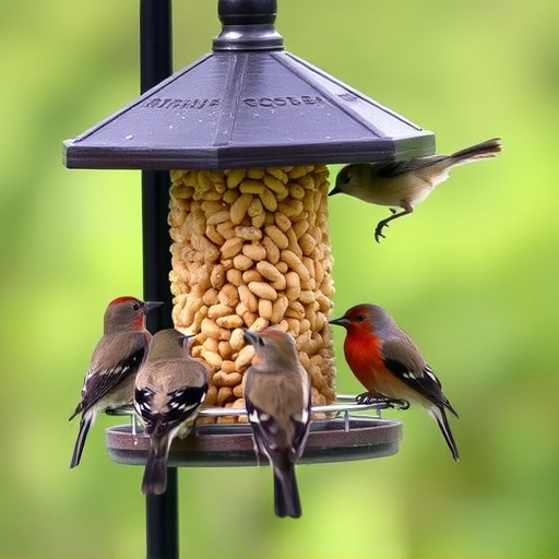 Birds gathered around peanut feeder