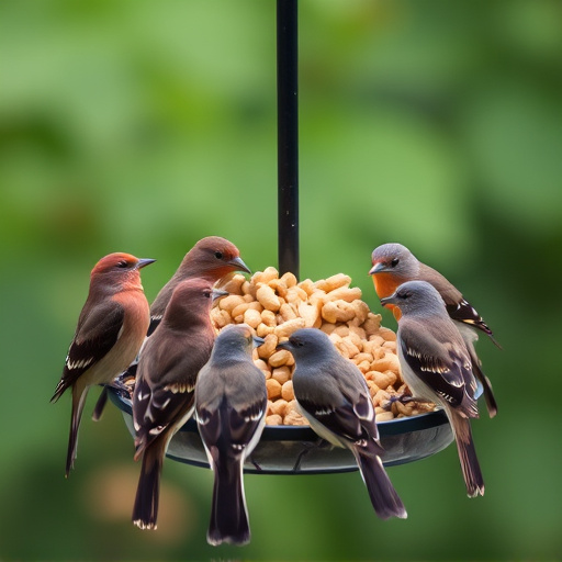 Birds gathered around peanut feeder