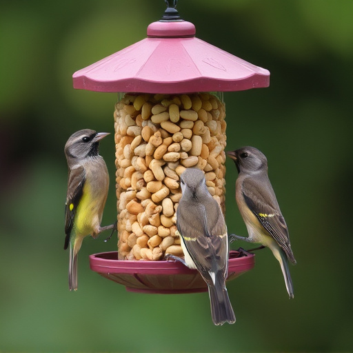 Birds gathered around peanut feeder