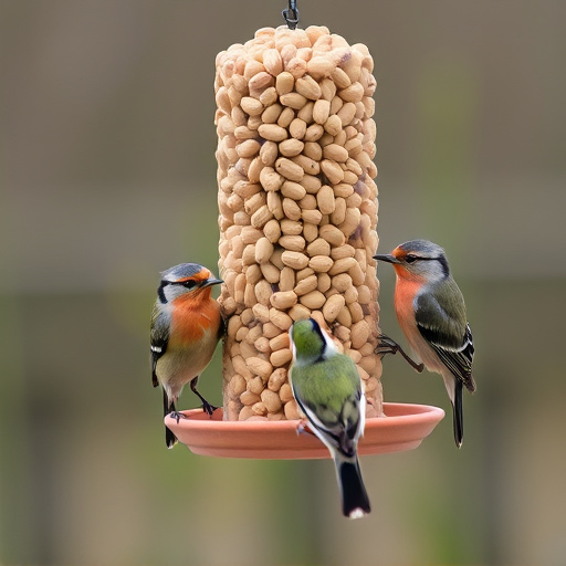 Birds gathered around peanut feeder