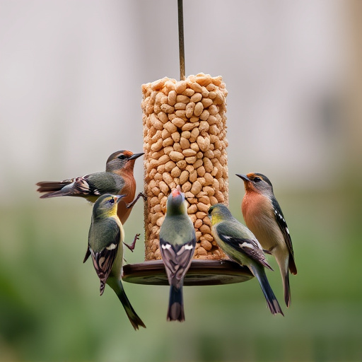 Birds gathered around peanut feeder