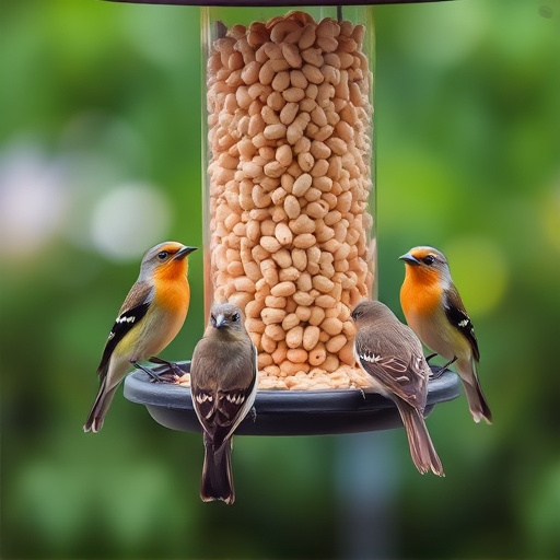Birds gathered around peanut feeder