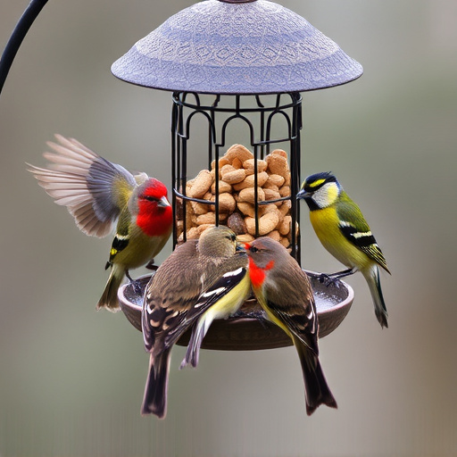 Birds gathered around peanut feeder