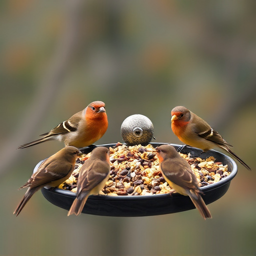 Birds gathered around seed-filled tray